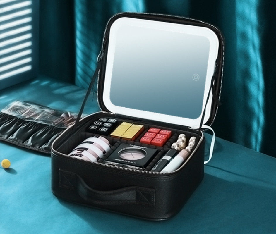 New Smart Leather  LED Makeup Bag With Large Mirror