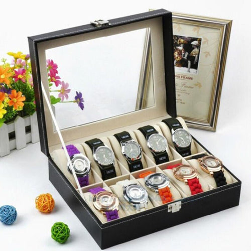 10 Slot Leather Business Organizer Glass Watch Box Display Case - slvhasitall