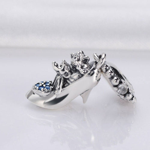 100% Real 925 Sterling Silver Glass Slipper & Mice Dangle Pendant Charm Bead - slvhasitall