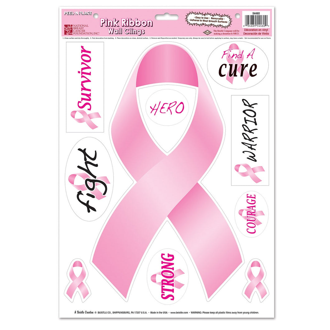 Club Pack of 120 Pink and Black Breast Cancer Awareness Ribbon Peel 'N Place Window Decors 17