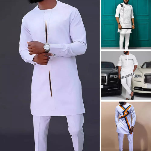 2 Pieces Men Dashiki Long Sleeve Shirt White Trouser Set - slvhasitall