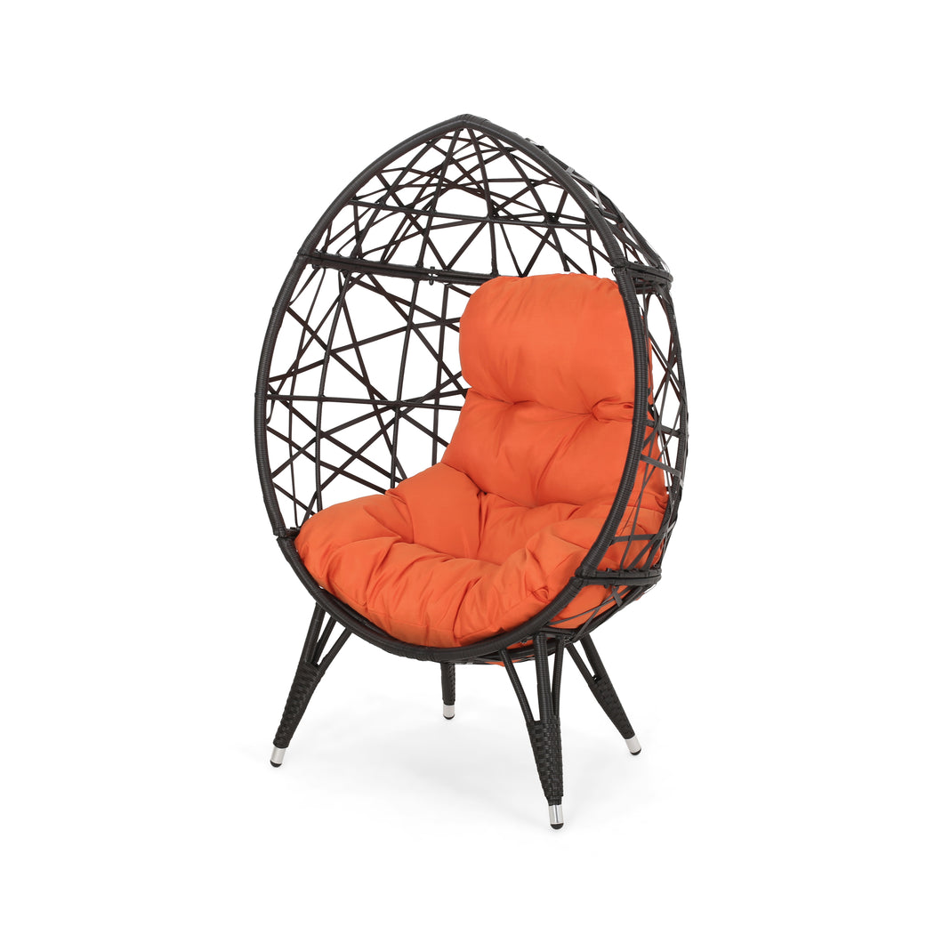 Kyahna Indoor Wicker Teardrop Chair with Cushion, Brown and Orange