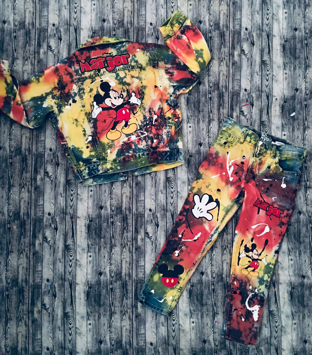 Disney Mickey Mouse Custom Character Denim Paint Splatter Birthday Outfit,,
