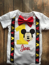 Load image into Gallery viewer, Custom boys first birthday Mickey Mouse bodysuit with suspenders and bow tie,
