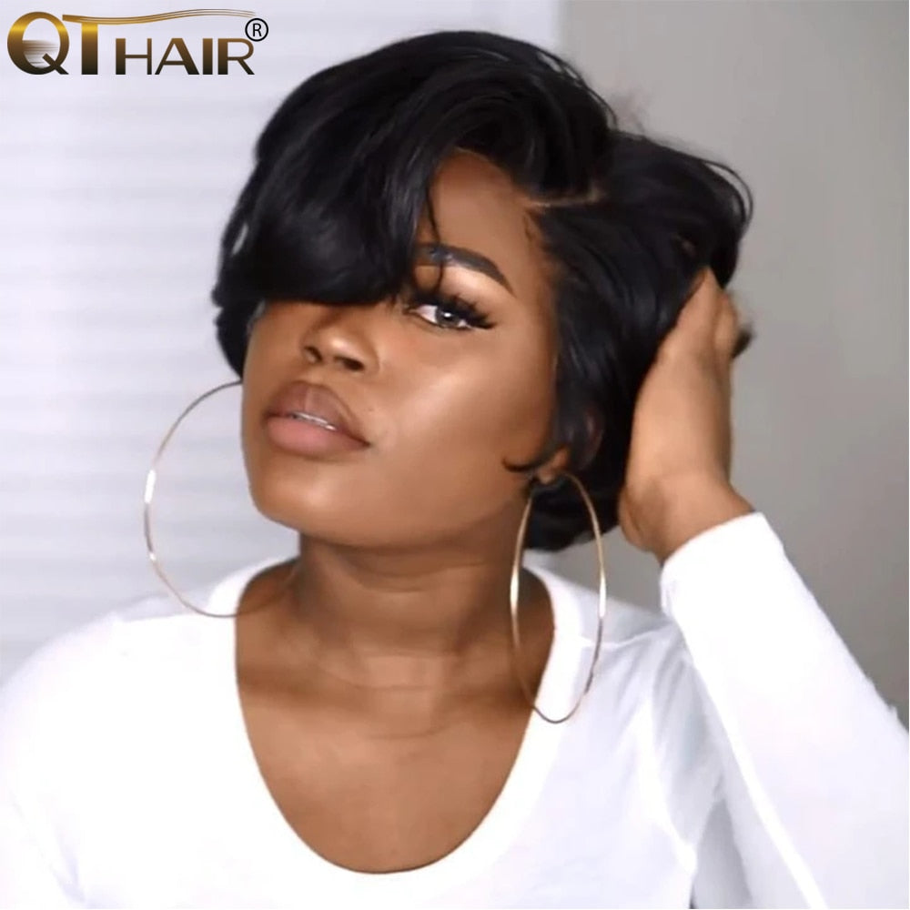 QT Short Pixie lace Brazilian Remy Straight Human Wigs