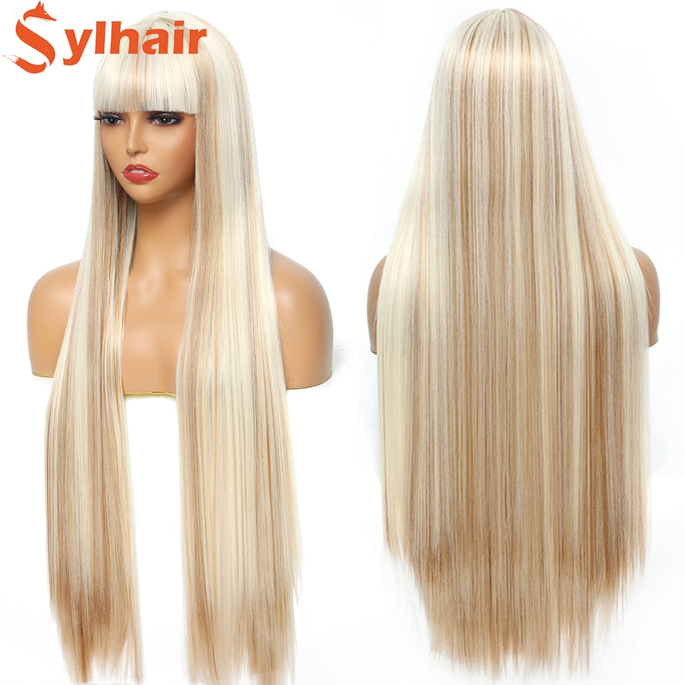 Women Long Fancy Straight Wigs with Bangs