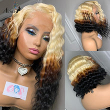 画像をギャラリービューアに読み込む, Full Curly BOB Ombre Deep Wave Blonde Lace Frontal Wig Colored 613 Blonde
