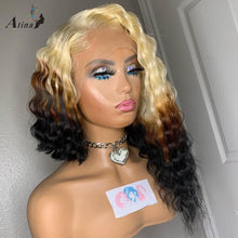 画像をギャラリービューアに読み込む, Full Curly BOB Ombre Deep Wave Blonde Lace Frontal Wig Colored 613 Blonde
