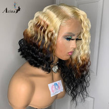 画像をギャラリービューアに読み込む, Full Curly BOB Ombre Deep Wave Blonde Lace Frontal Wig Colored 613 Blonde
