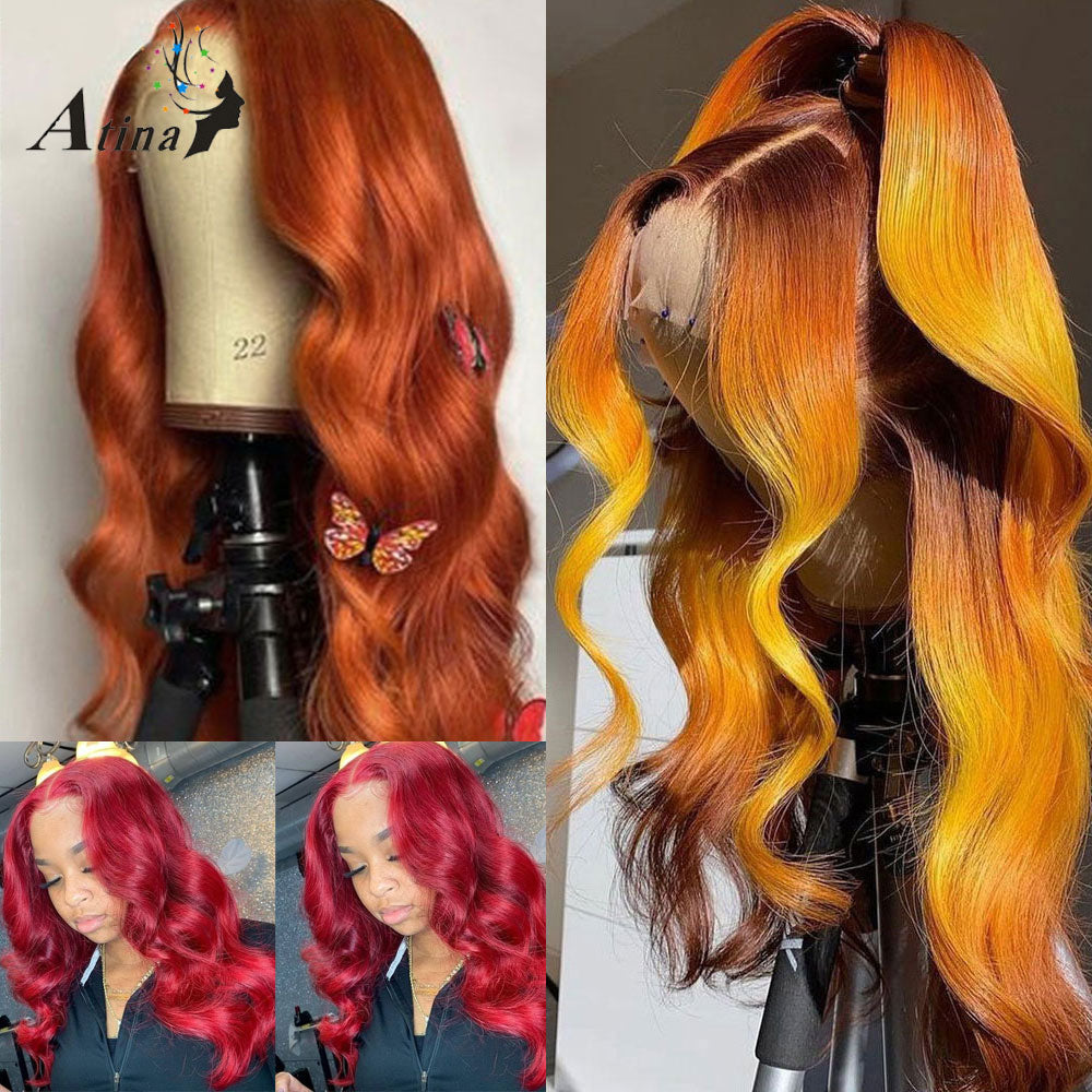 Wavy Orange Ginger 100% Human Hair Pre Plucked Lace Frontal Wigs