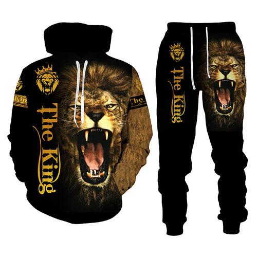 Men's King Lion Printed Hooded Sweater Set - slvhasitall