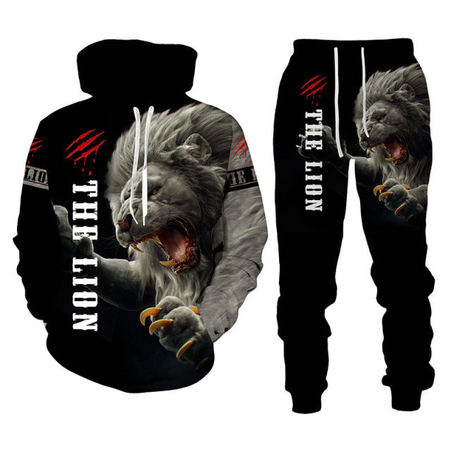 Men's King Lion Printed Hooded Sweater Set - slvhasitall